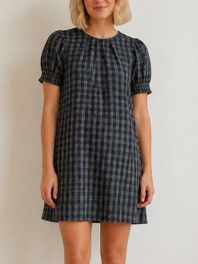 Duffield Lane Daniella Navy Plaid Short Puff Sleeve Mini Dress Women’s Size S